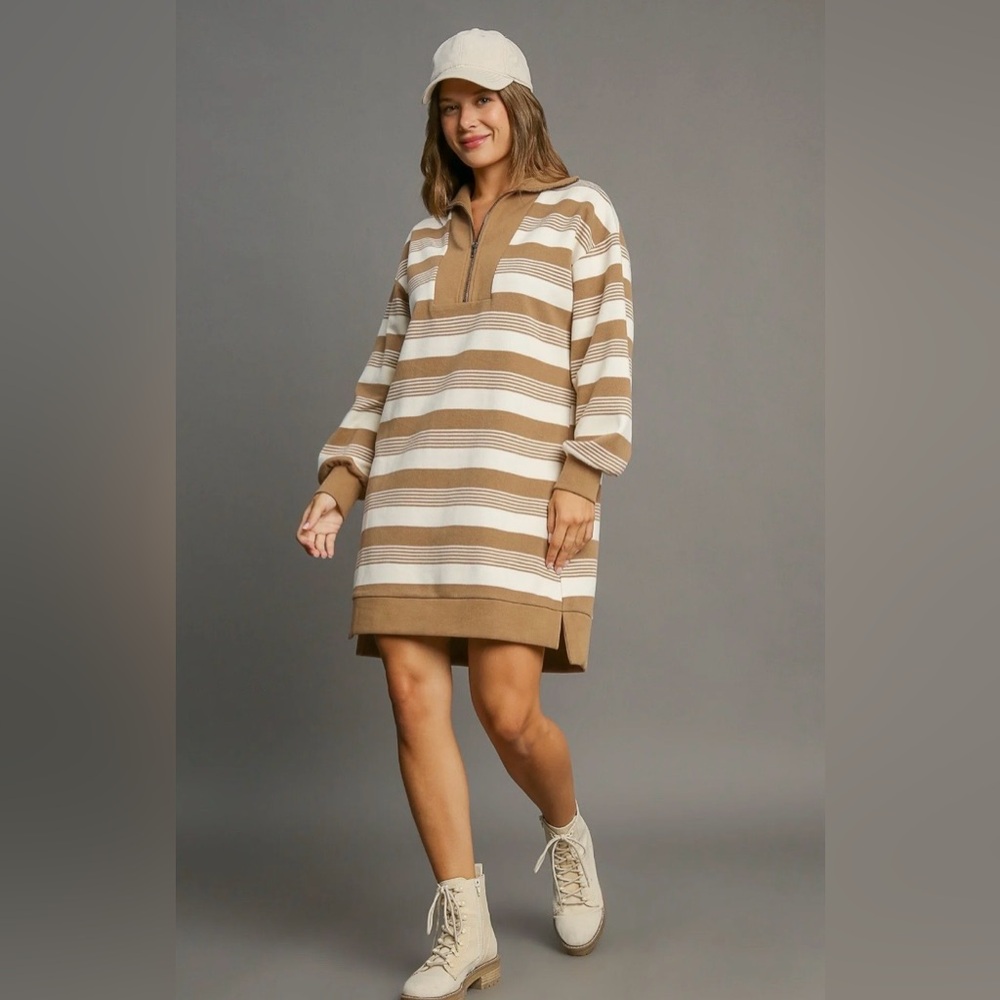Umgee Striped Quarter Zip Dress Sz L
